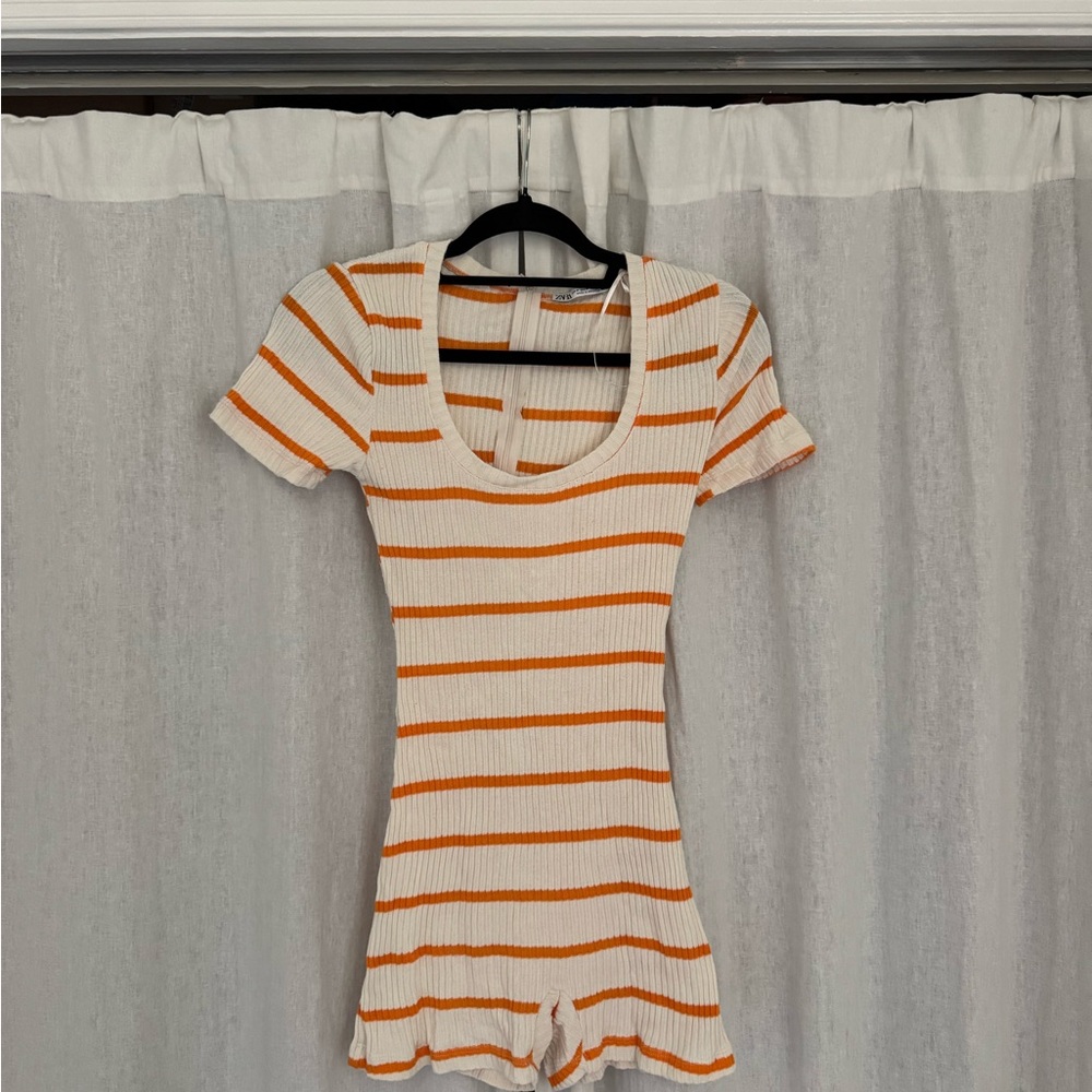Zara Striped Orange and White Ribbed Romper